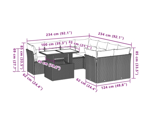 Set muebles jardín 9 pzas y cojines ratán sintético gris claro
