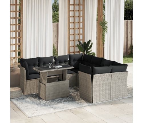 Set muebles jardín 9 pzas y cojines ratán sintético gris claro