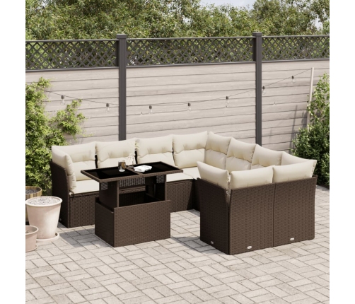 Set de sofás de jardín 9 pzas y cojines ratán sintético marrón