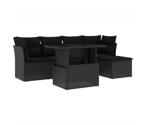 Set de sofás de jardín 6 piezas y cojines ratán sintético negro