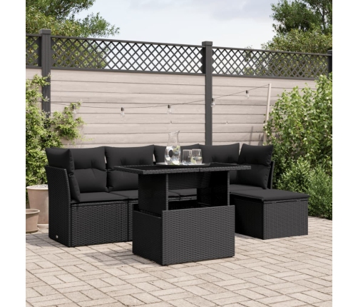 Set de sofás de jardín 6 piezas y cojines ratán sintético negro