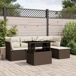 Set sofás de jardín 6 piezas y cojines ratán sintético marrón