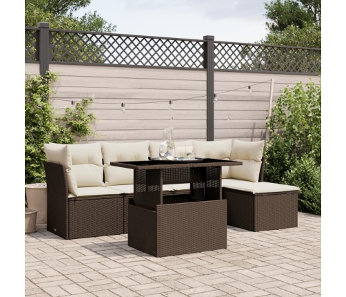 Set sofás de jardín 6 piezas y cojines ratán sintético marrón