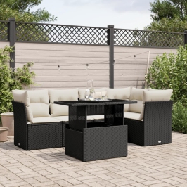 Set de sofás de jardín 6 piezas y cojines ratán sintético negro