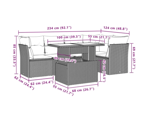 Set de muebles de jardín 6 pzas y cojines ratán sintético gris
