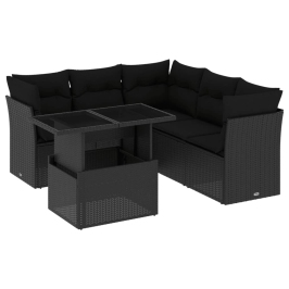 Set de sofás de jardín 6 piezas y cojines ratán sintético negro