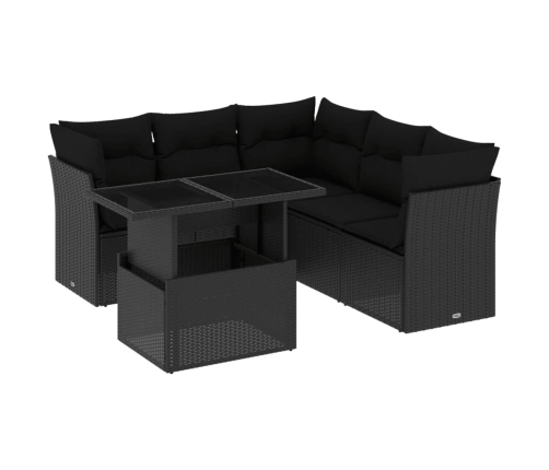 Set de sofás de jardín 6 piezas y cojines ratán sintético negro