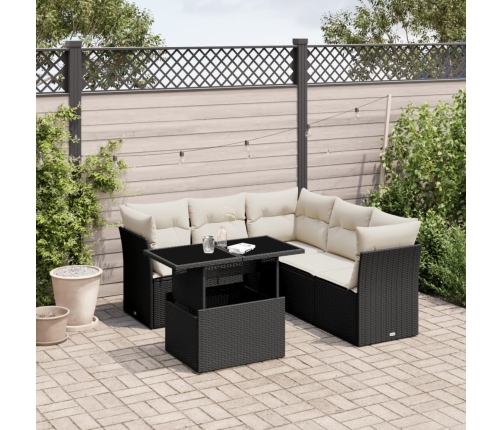 Set de sofás de jardín 6 piezas y cojines ratán sintético negro