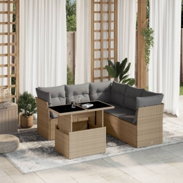 Juego de sofás jardín con cojines 6 pzas ratán sintético beige