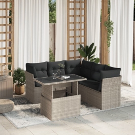 Set de sofás de jardín 6 pzas y cojines ratán sintético gris