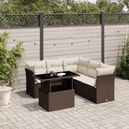 Set sofás de jardín 6 piezas y cojines ratán sintético marrón