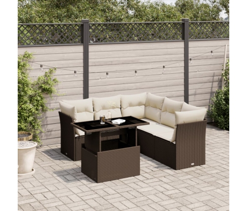 Set sofás de jardín 6 piezas y cojines ratán sintético marrón
