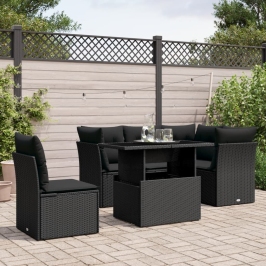 Set de sofás de jardín 6 piezas y cojines ratán sintético negro