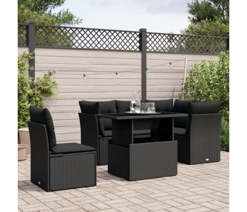 Set de sofás de jardín 6 piezas y cojines ratán sintético negro