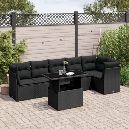 Set de sofás de jardín 7 pzas con cojines ratán sintético negro