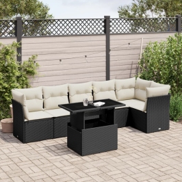 Set de sofás de jardín 7 pzas con cojines ratán sintético negro