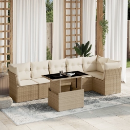 Set sofás de jardín 7 piezas y cojines ratán sintético beige