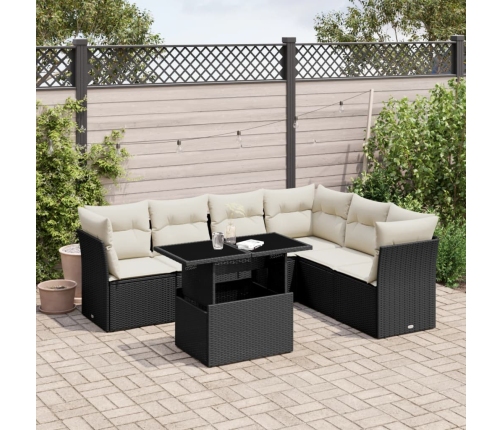 Set de sofás de jardín 7 pzas con cojines ratán sintético negro