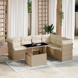 Set sofás de jardín 7 piezas y cojines ratán sintético beige