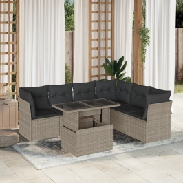 Set de sofás de jardín 7 pzas con cojines ratán PE gris claro