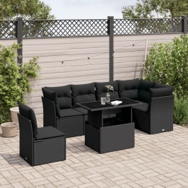 Set de sofás de jardín 7 pzas con cojines ratán sintético negro