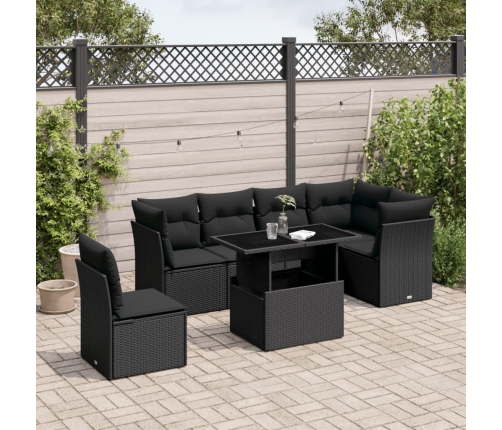 Set de sofás de jardín 7 pzas con cojines ratán sintético negro