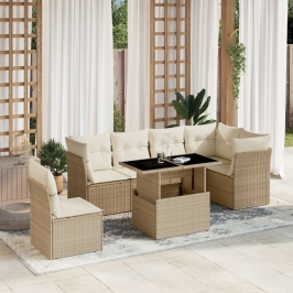 Set sofás de jardín 7 piezas y cojines ratán sintético beige