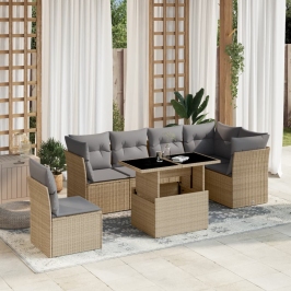 Set sofás de jardín 7 piezas y cojines ratán sintético beige