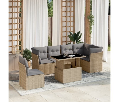 Set sofás de jardín 7 piezas y cojines ratán sintético beige