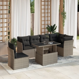 Set de sofás de jardín 7 pzas con cojines ratán PE gris claro
