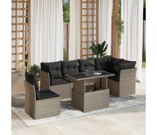 Set de sofás de jardín 7 pzas con cojines ratán PE gris claro