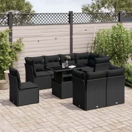 Set de sofás de jardín 8 piezas y cojines ratán sintético negro