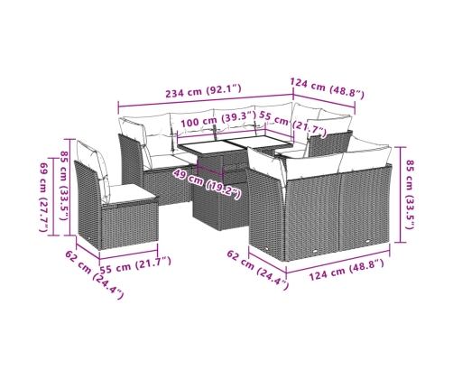 Set de sofás de jardín 9 pzas con cojines ratán sintético beige