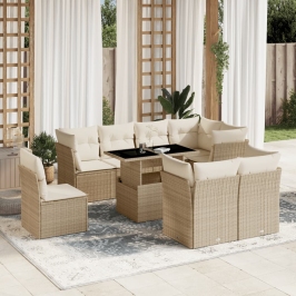 Set de sofás de jardín 9 pzas con cojines ratán sintético beige