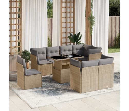 Set de sofás de jardín 9 pzas con cojines ratán sintético beige