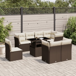 Set de sofás de jardín 9 pzas y cojines ratán sintético marrón