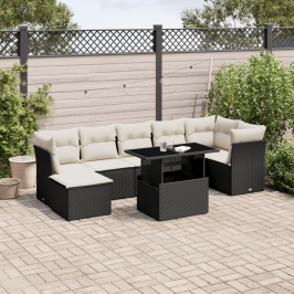 Set de sofás de jardín 8 piezas y cojines ratán sintético negro