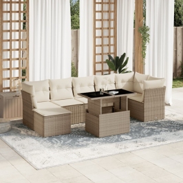 Set de sofás de jardín y cojines 8 piezas ratán sintético beige