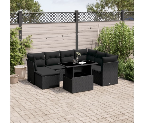 Set de sofás de jardín 8 piezas y cojines ratán sintético negro