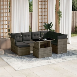 Set de sofás de jardín y cojines 8 piezas ratán sintético gris