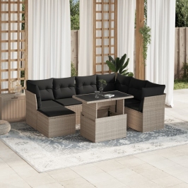 Set de sofás de jardín 8 pzas y cojines ratán sintético gris