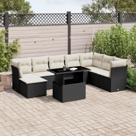 Set de sofás de jardín 8 piezas y cojines ratán sintético negro