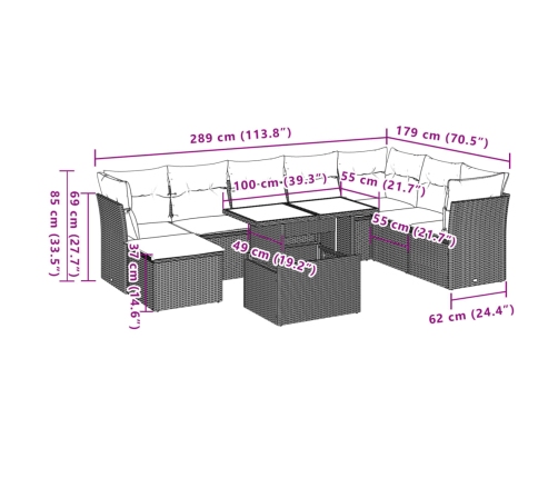 Set de sofás de jardín 9 pzas con cojines ratán sintético beige
