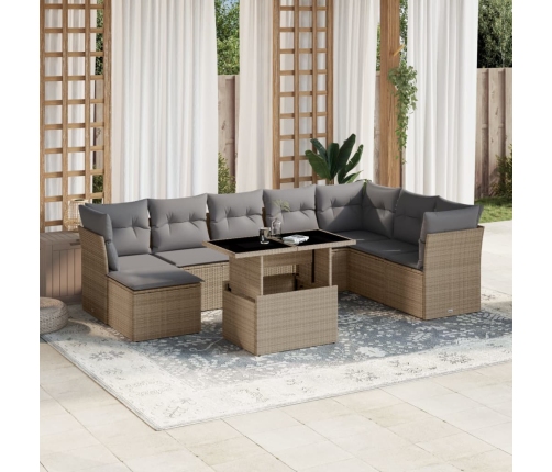 Set de sofás de jardín 9 pzas con cojines ratán sintético beige