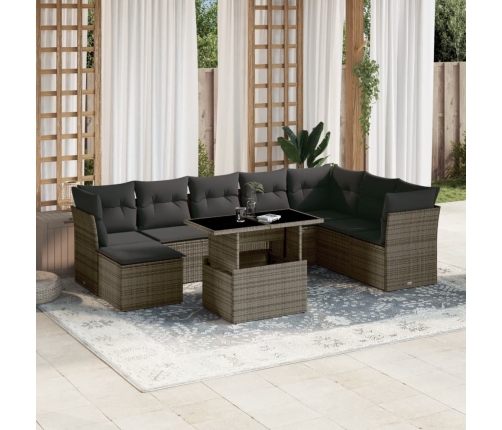 Set de muebles de jardín 9 pzas y cojines ratán sintético gris