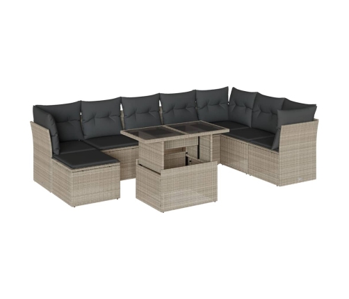Set muebles jardín 9 pzas y cojines ratán sintético gris claro