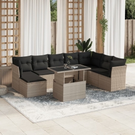 Set muebles jardín 9 pzas y cojines ratán sintético gris claro