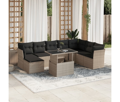 Set muebles jardín 9 pzas y cojines ratán sintético gris claro