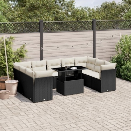 Set de sofás de jardín 10 pzas cojines ratán sintético negro