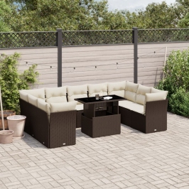 Set de sofás de jardín 10 pzas y cojines ratán sintético marrón